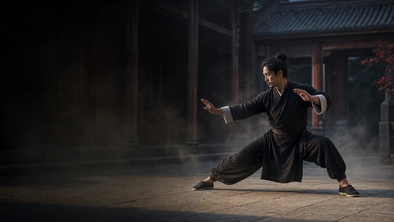 Courseware cover: a kung fu master in an old courtyard
