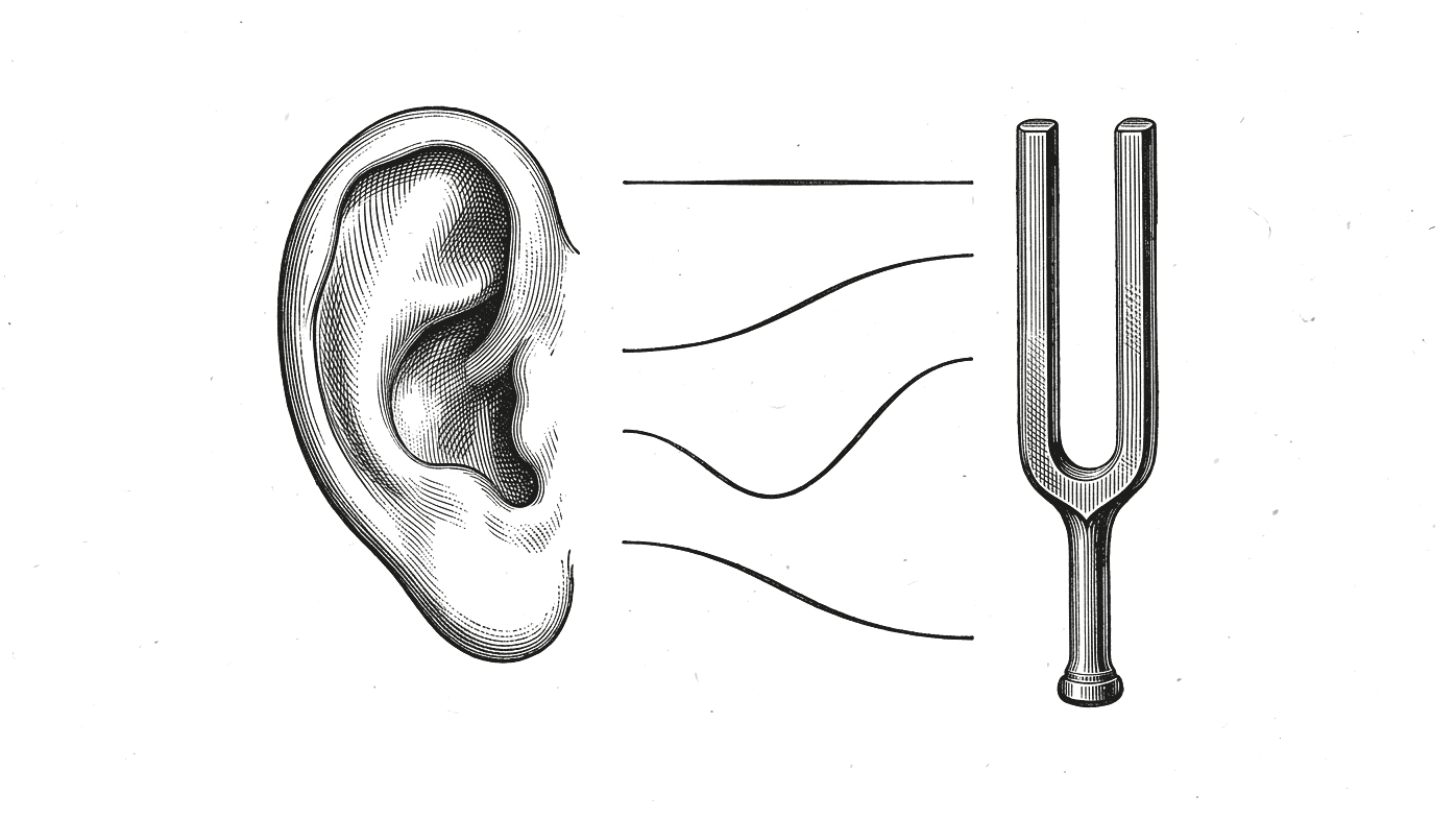 Engraving of an ear and a tuning fork with the four Mandarin pitch lines between them